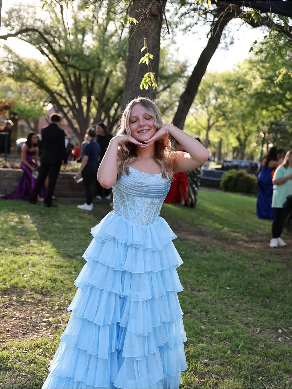Sherri Hill Light Blue Tiered Ruffle Prom Dress
